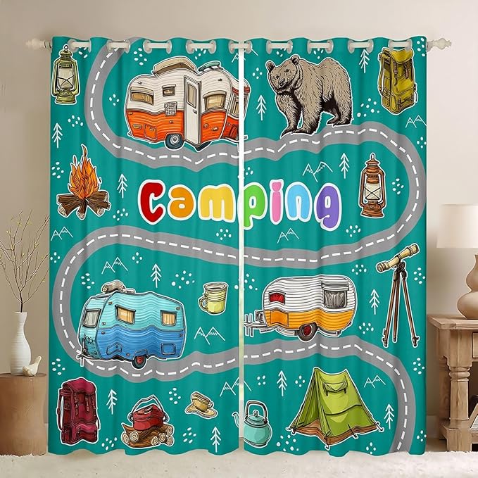 Feelyou Rv Camping Camper Blackout Curtains Wildlife Animal Bear Darkening Drapes for Bedroom Living Room Decor Camping Adventure Thermal Insulated Shades Window Treatments, 2 Panels 38 x 54 Inch