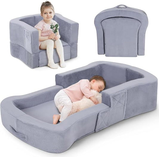 Toddler Travel Bed, 2-in-1 Foldable Portable Toddler Bed Sofa Chair, Soft Baby Kids Travel Floor Cot with Washable Covers Safety Foam Raised Bumper for Camping Hotel Sleeping (Grey)