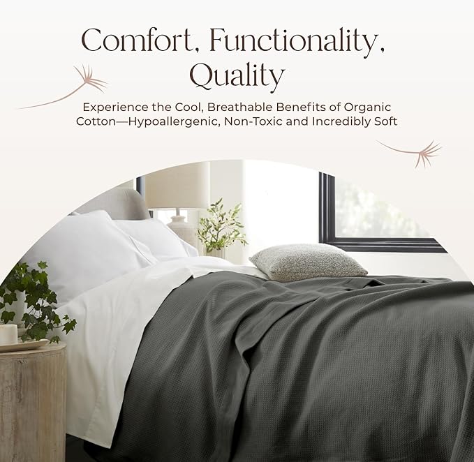 100% Organic Cotton Blanket - GOTS & Fairtrade Certified Organic Cotton Throw Blanket for Bed with Soft Warm & Breathable Single Knit Weave - Great as Bedspread or Coverlet (Gray, King/Cal King)