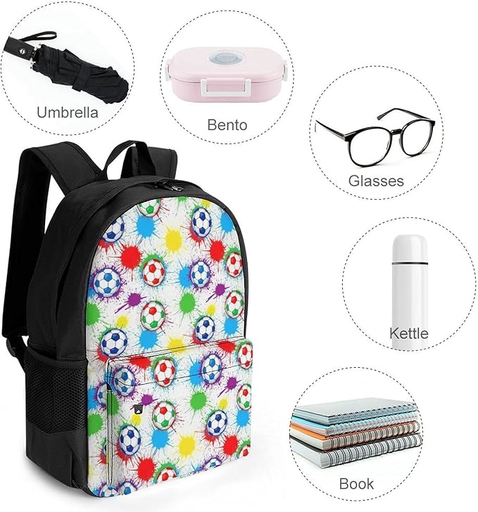 Polyester Daypack Backpack for Sports Travel Running, Big Capacity Anti-Theft Multipurpose Carry On Bag, Splash Ink Colorful Paint Football Soccer Ball Laptop Book Bag Rucksack