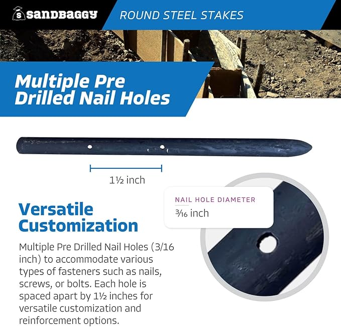 Sandbaggy Round Steel Concrete Form Stakes with Nail Holes - Rust Resistant Coating - Removable, Reusable (10, 3/4 in X 12 in)
