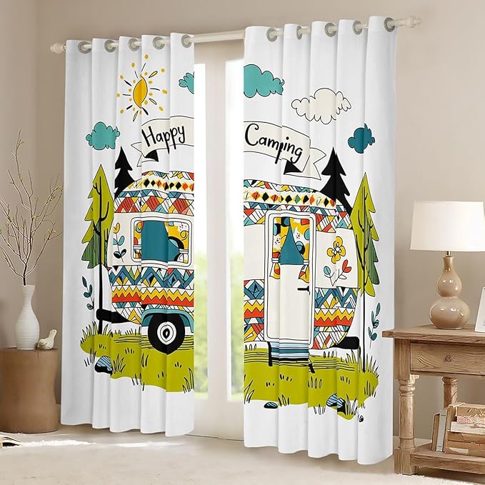 Erosebridal Kids Happy Camping Window Drapes Rv Camper Blackout Curtains 38" Wx45 L Vehicles Camping Decor Curtains for Bedroom Living Room,Rustic Camp Travel Car Window Treatments 2 Panels