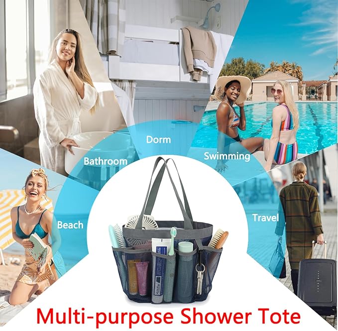 Mesh Shower Caddy Portable for College Dorm Room Essentials, 8-Pocket Large Shower Basket Tote Bag with 2 Handles for Toiletry, Bathroom, Beach, Camp, Gym