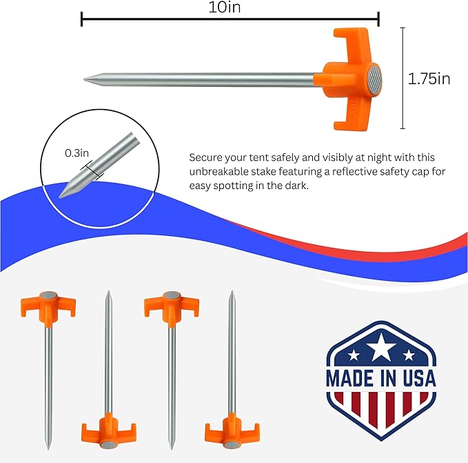 Tricc Unbreakable Heavy Duty Steel Tent/Canopy Stakes, Galvanized Non-Rust 10" Three Pegged Solid, Sturdy Stakes for Outdoor Trips, Camping, Hiking & Gardening. 4 Colors Made in The USA (Orange)