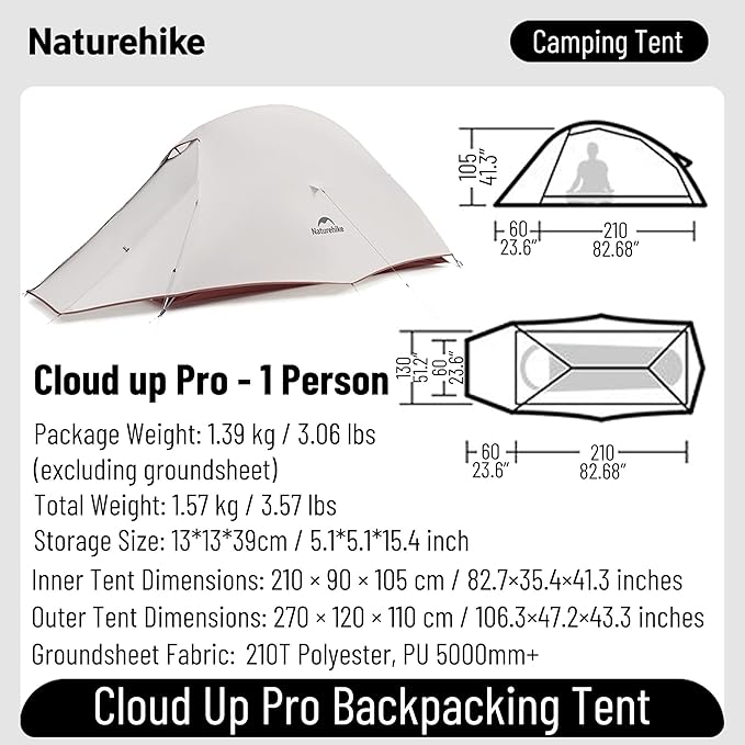 Naturehike Cloud up Pro Camping Tent, 1/2/3 Person Ultralight Tents, 3 Season Backpacking Tent, Waterproof for One Man, Self-Standing Easy Setup for Cycling, Outdoor Camp