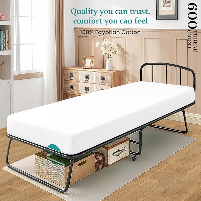 Full Fitted Sheet 54 x 75 Inches 12" Deep Pocket 100% Egyptian Cotton 600 Thread Count Snug Fit for Trifold Mattress, Narrow Twin, Camp Bunk, Guest Bed, Army Cot Soft & Breathable – White