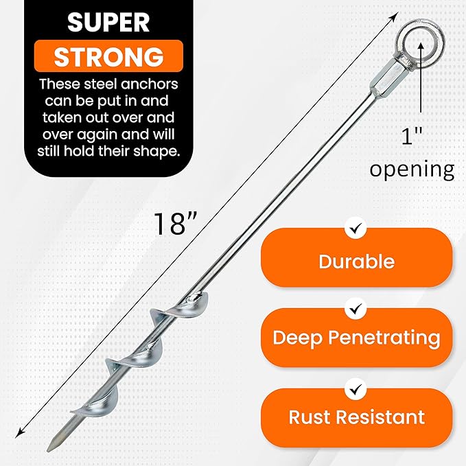 Earth Anchors - 18" Set of 4 Heavy Duty Ground Stakes - Screw in Anchors for Mobile Homes, Sheds, Swing Sets, Trees, Awnings & Canopies - Includes Drill Bit