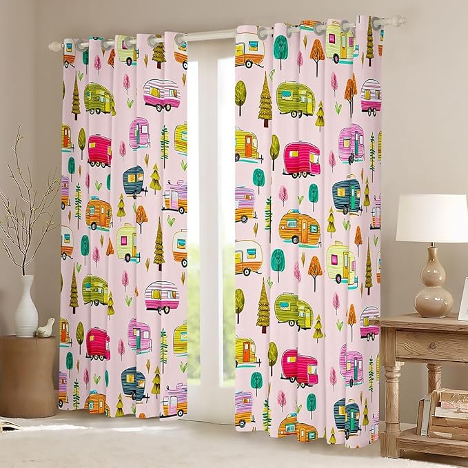 Feelyou Pink Camper Camping Curtains for Bedroom Living Room RV Travel Trailer Blackout Darkening Drapes Camping Theme Window Treatments, 2 Panels 42 x 90 Inch Room Decor