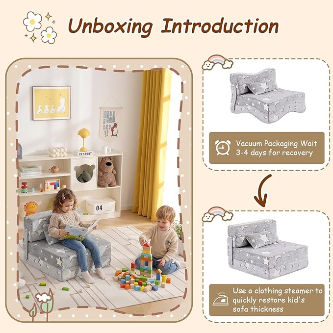 Folding Sofa Bed Floor Mattress for Kids with Pillow, Toddler Washable Glow in Dark Folding Floor Mat for Sleeping, Child Fold Up Chair Bed with Storage Bag for Playroom, Camping, Grey Star