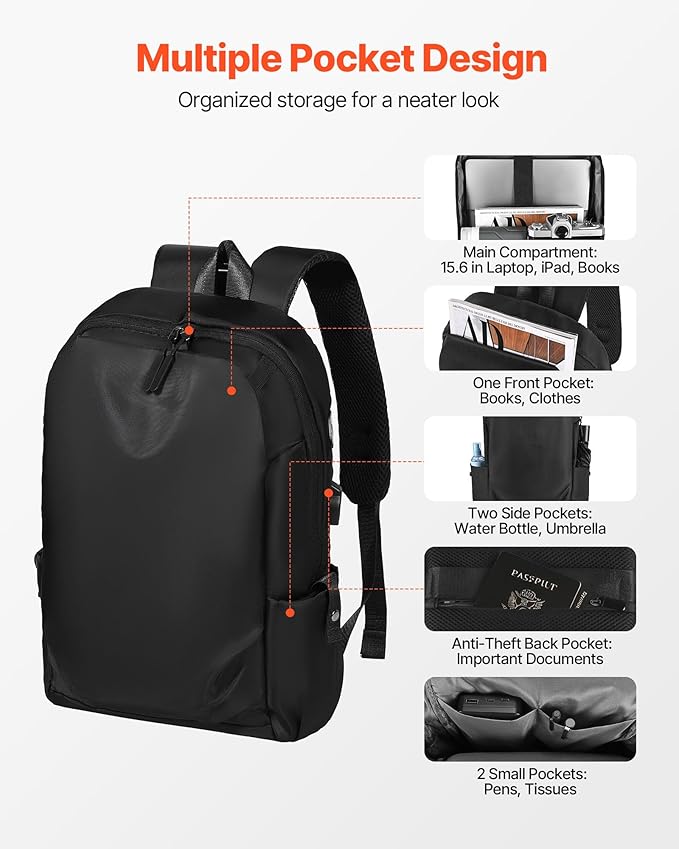 VEVOR Lightweight Backpack, 26 L Travel Hiking Backpack, Water-Resistant Backpacks with USB Charging Port and Anti-Theft Pocket, Fits 15.6 in Laptop, for Men & Women Travel Camping Riding