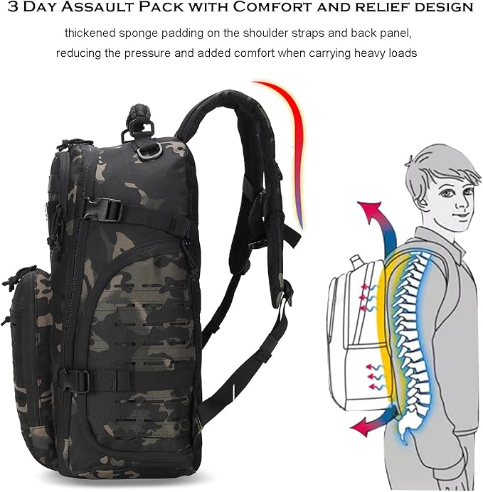 35L Tactical Backpack for Men Heavy Duty Military Backpack 3 Day Assault Pack Molle Backpack Hiking Rucksack (BlackMix)