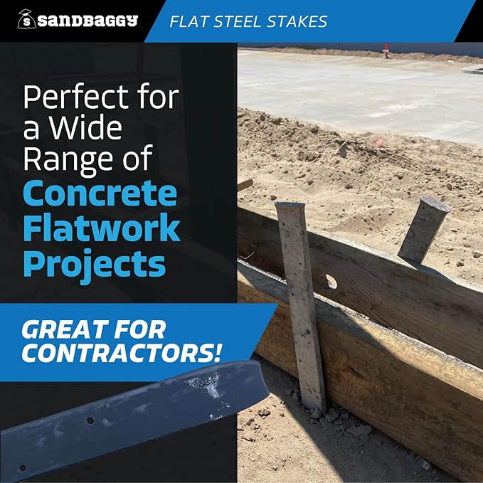 Sandbaggy Flat Steel Stakes for Concrete Forms with Nail Holes - 1.5" Wide - Painted - Removable, Reusable, V Point End - Construction Grade Stakes (100, 12 inch)