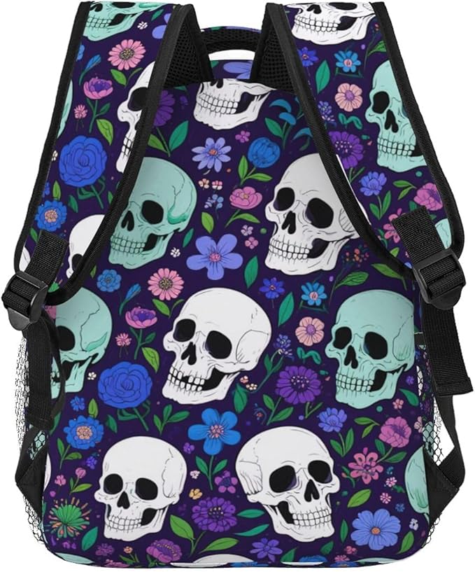 Men Women Polyester Flower Skull Purple Backpack Large Capacity Bookbag With Smooth Zippers for Climbing Picnic Bicycle