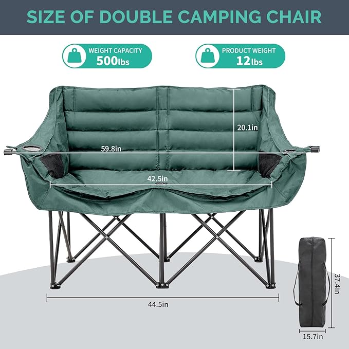 DoCred Double Camping Chair - Oversized Loveseat, 2 Person Camping Chair for Adults Heavy Duty,Two Person Folding Chair with Cup Holder, Supports up to 500 LBS for Outside Picnic Beach Travel