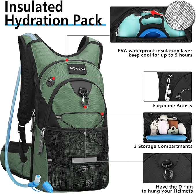 NONSAR Hydration Backpack, Hiking Backpack with 3L Water Bladder, Insulated Water Backpack for Women, Men, Kids, Keep Liquids Cool Up to 5 Hours, Daypack for Hiking, Running, Climbing, Cycling