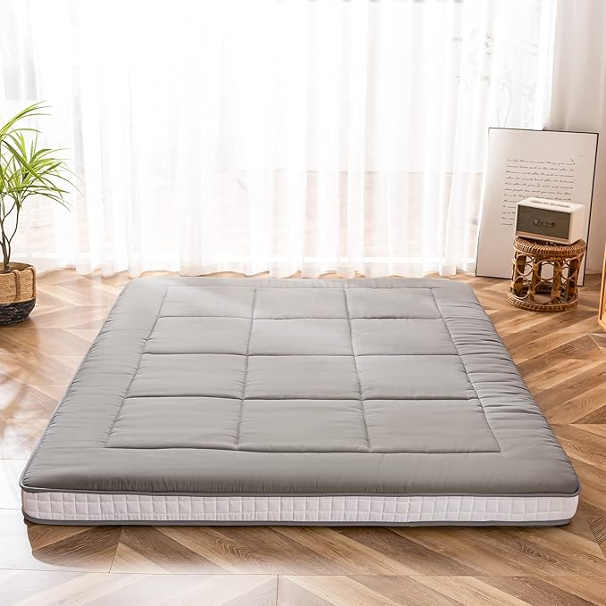 MAXYOYO Futon Mattress, Padded Japanese Floor Mattress Quilted Bed Mattress Topper, Extra Thick Folding Sleeping Pad Breathable Floor Lounger Guest Bed for Camping Couch, Dark Grey, Queen