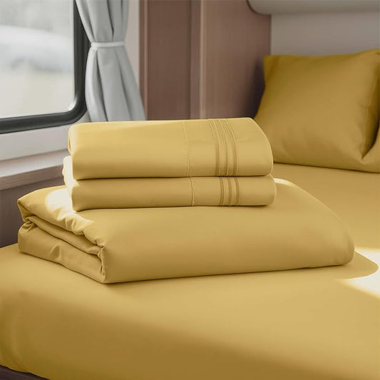 Hearth & Harbor Short Queen Sheets for RV, Camel Gold RV Queen Sheets, Silky Soft 1800 Microfiber Bed Sheet for Camper, 4 Piece RV Bedding with Pillowcases