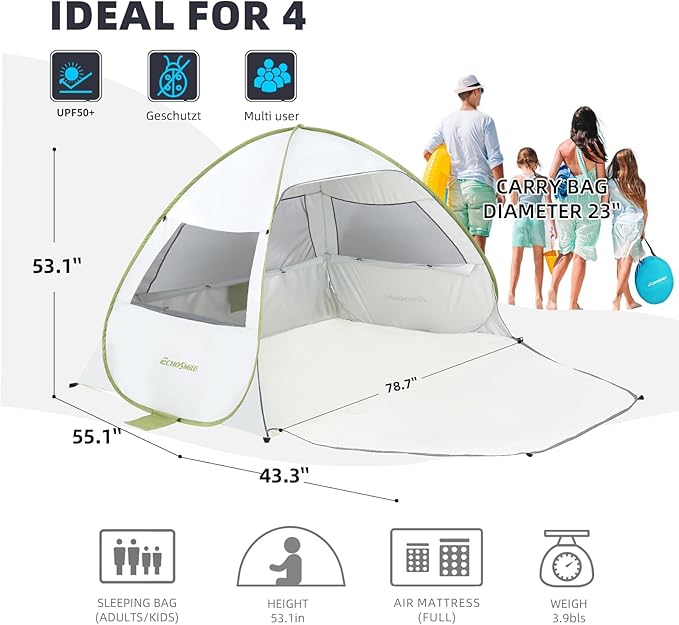EchoSmile Pop Up Beach Tent for 4 Person Family, UPF 50+ Sun Shelter & Waterproof Beach Shade for Kids, Automatic Easy Setup Portable Cabana for Outdoor Travel (Green)