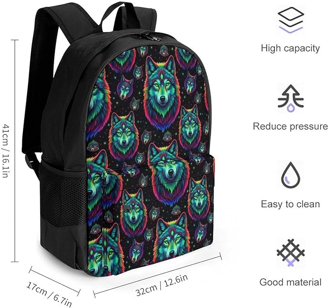Polyester Daypack Bookbag for Gym Business Bicycle, Large Capacity Multipurpose Anti-Theft Carry On Bag, Colorful Fire Flame Wolf Travel Hiking Daypack