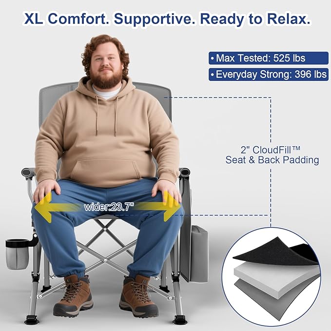 4 XL Camping Chairs 396lb Capacity - 4 Colors | Oversized Padded, Cup Holder & Cooler - Now $62.88 ，Save $37+ Per Chair!