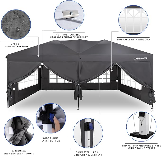 OASISHOME Pop-up Gazebo Canopy Tent 10'x20' with 6 Removable Sidewalls, Windows, Stakes, Ropes, Carry Bag,Suitable for Patio, Outdoor, Wedding Parties&Commercial Events (Grey (NOT Black), 10X20)