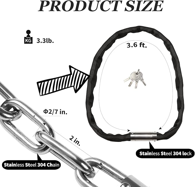 Stainless Steel Chain Lock with 4 Same Keys, Rustproof Lock and Chain, Marine Grade Lock for Bike, Moto, Scooter, Boat, Truck and Door. Anti-Theft – 110 CM Long Chain