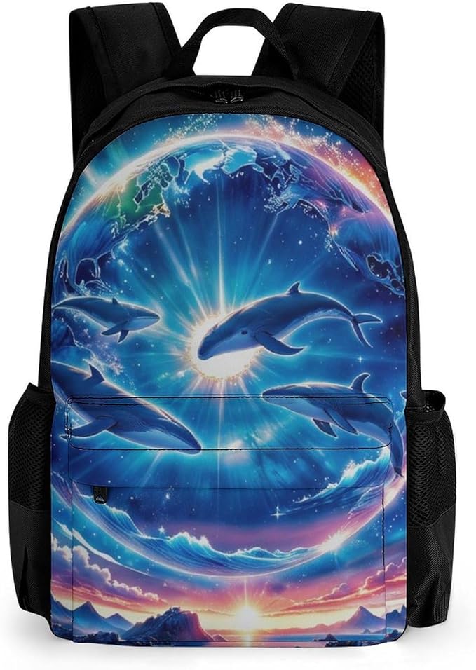 Daypack Backpack Multipurpose Anti-Theft Large Capacity Bookbag, Galaxy Dolphin Star Space Travel Hiking Camping Rucksack With Adjustable Shoulder Straps