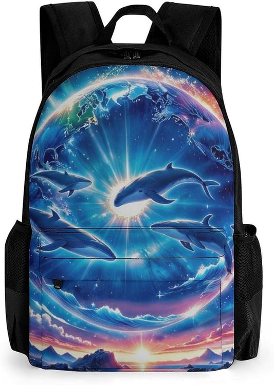 Daypack Backpack Multipurpose Anti-Theft Large Capacity Bookbag, Galaxy Dolphin Star Space Travel Hiking Camping Rucksack With Adjustable Shoulder Straps