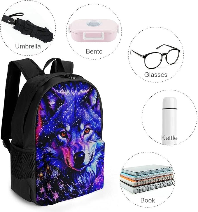Men Women Lightweight Galaxy Wolf Magical Space Art Daypack Bookbag Big Capacity Carry On Bag With Side Pockets for Camping Travel Bicycle