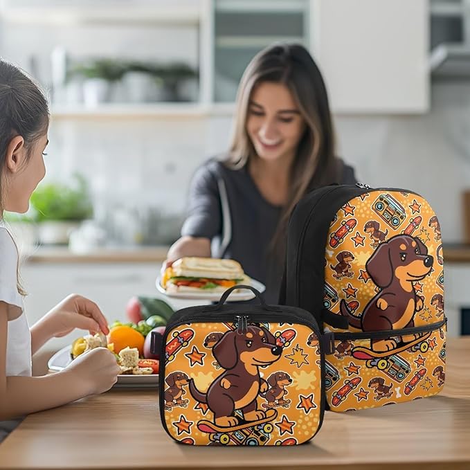 HUGS IDEA Skater Dachshund Bookbag for Girls Elementary School Cute Kids Bookbag with Lunch Box 17 Inch School Bag for Girls 4-6 Lightweight Book Bags Satchel Back Pack for Kids