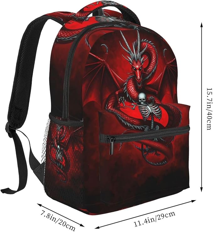 Rucksack Polyester Anti-Theft Multipurpose Skull Head Red Dragon Art Bookbag Big Capacity Travel and Sport Backpack Rucksack With Side Pockets