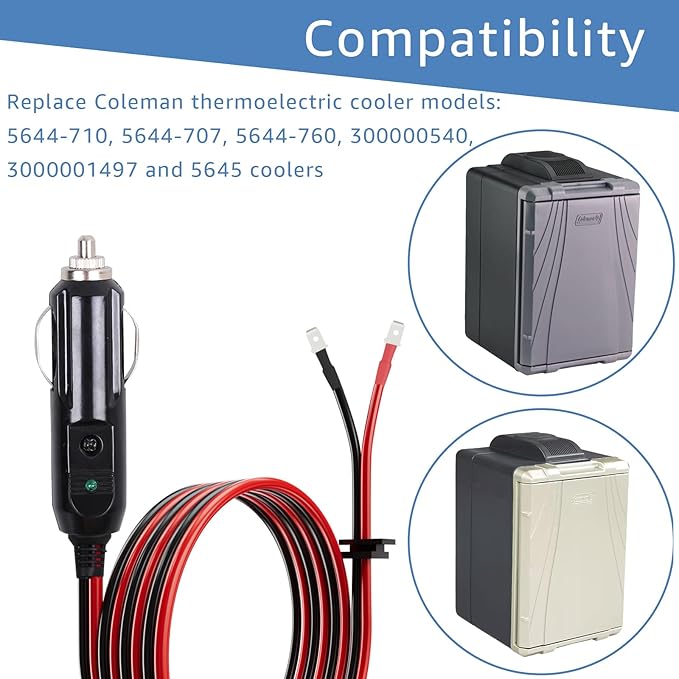 12V/24V Thermoelectric Cooler Power Cord Compatible with Coleman Electric Cooler Adapter 8 Feet Cooler Cord w/Fuse Plug-in Car Cooler Power