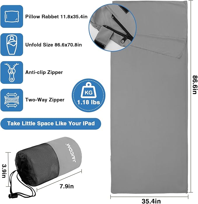 Sleeping Bag Liner, Sleep Sack Travel Sheets, Two-Way-Zipper Expose Feet Separately, Lightweight for Single, Backpacking,Hotels & Hostels, Camping, Travel, Business