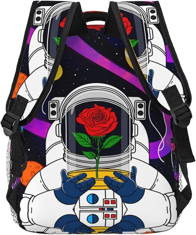 Daypack Bookbag Multipurpose Anti-Theft Big Capacity Carry On Bag,Astronaut Starry Sky Roses Colorful Planet Art Travel Hiking Camping Rucksack With Padded Straps