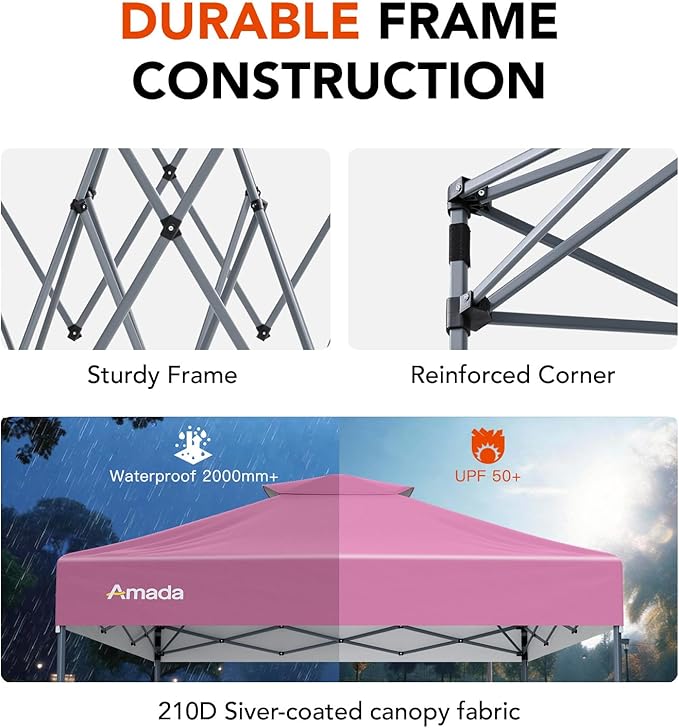 Amada 10x10 Pop Up Canopy - Center Lock One Push Instant Setup Gazebo Outdoor Canopy Beach Tent with STO-N-Go Bag 8 Stakes & 4 Sand Bags, 3-Height Adjustable Shade Shelter (10x10ft, Pink)
