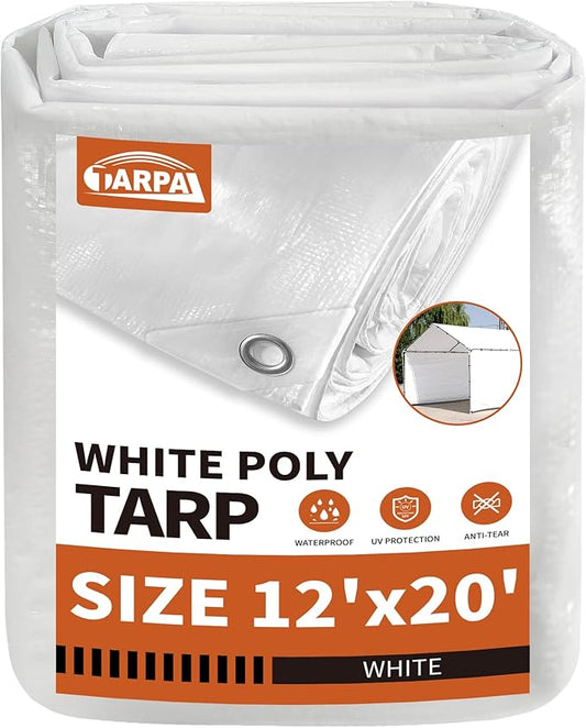 TARPAL 12'x20' White Tarp Waterproof 7.5 mil Medium Duty All Purpose Poly Tarps Cover Waterproof,Snow Proof UV Protection,Rip and Tear Proof,Poly Tarpaulin