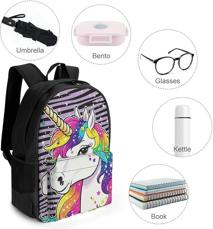 Daypack Backpack Multipurpose Anti-Theft Large Capacity Bookbag, Unicorn Black Stripes Travel Hiking Camping Rucksack With Adjustable Shoulder Straps