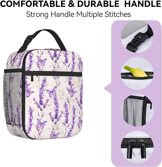 Reusable Lavender Lunch Box for Kids Girls Boys Women Adult, Insulated Butterfly Floral Lunch Bag,Polyester Cooler Flower Handbags Case for School Picnic Work Travel Beach or Hiking