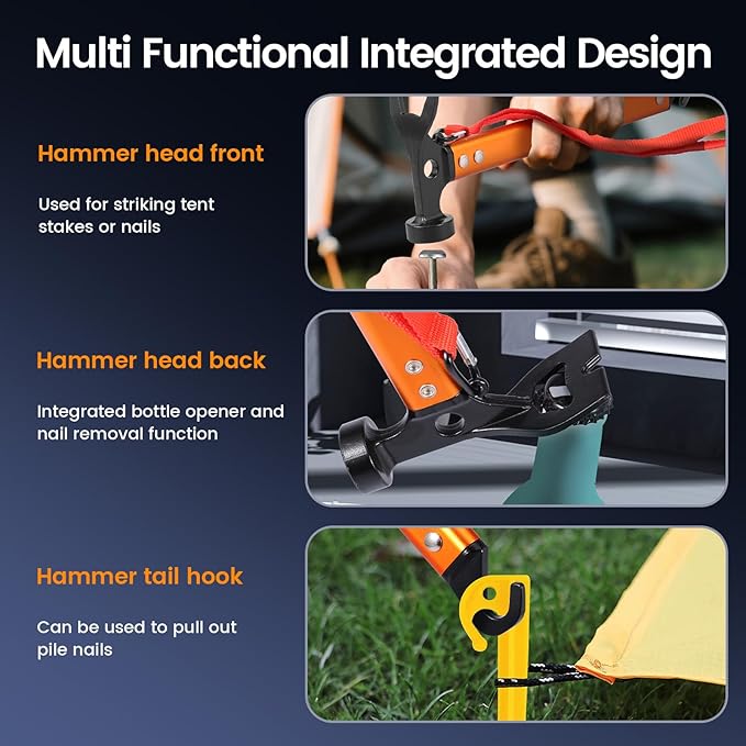 2Pack Aluminium Camping Hammer With Hook 3-In-1 Carbon Steel 12" Tent Stake Hammer Small Lightweight Portable Multifunctional Tent Stake Puller For Camping Hiking Outdoor Orange