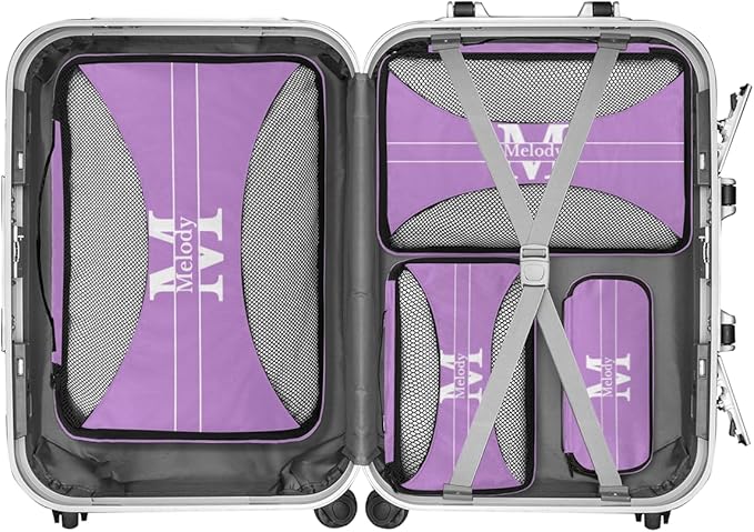 Custom Packing Cubes with Name - 4 Piece Packing Cubes Compression Luggage Suitcase Organizer Set, Lavender Purple with Initial Letter