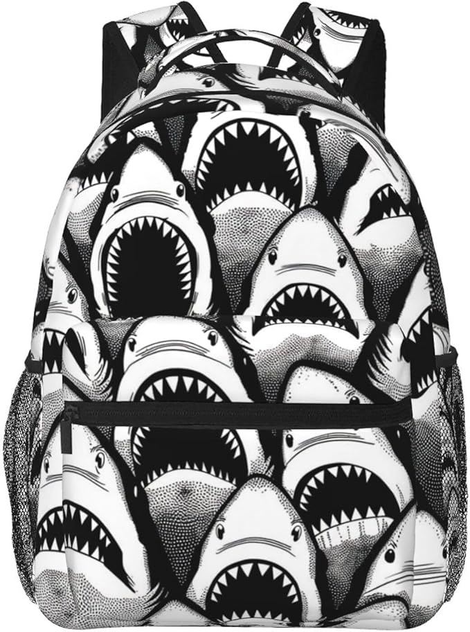 Lightweight Daypack Bookbag for Trekking Business Walking Cycling, Big Capacity Anti-Theft Multipurpose Carry On Bag, Animal Black And White Sharks Art Business Computer Bag