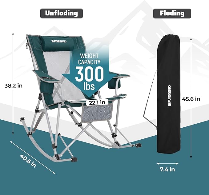 FUNDANGO Rocking Camping Chair, 2 Pack High Mesh Back Portable Folding Camp Chairs with Pillows, Cup Holder and Carry Bag for Lawn Patio Garden Outdoor Supports 300 Lbs (Green/Grey)