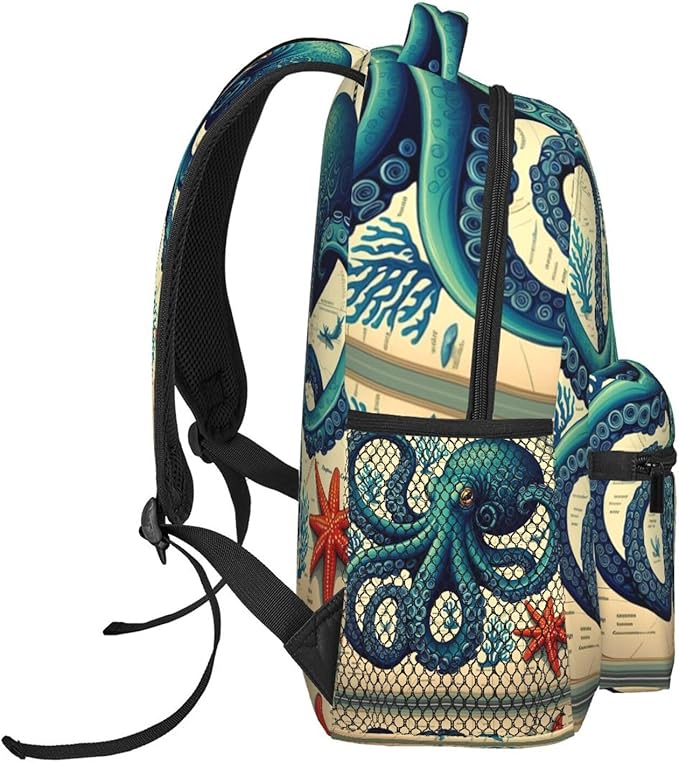 Polyester Daypack Backpack for Trekking Picnic Walking Cycling, Large Capacity Anti-Theft Multipurpose Shoulder Bag, Retro Octopus Art Casual Daypack