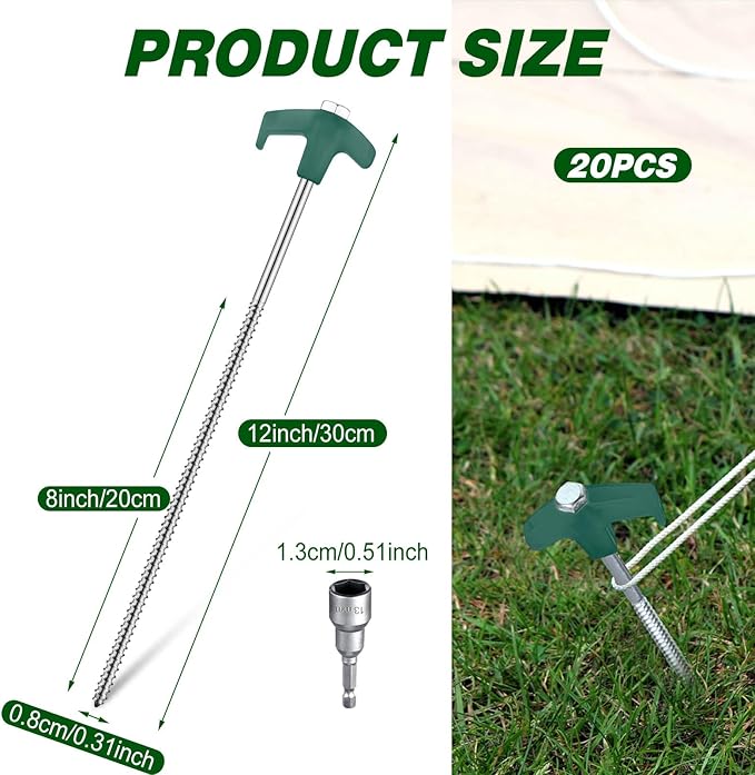 Hicarer 20 Pcs 12 Inch Tent Stakes Screw in Camping Stakes Heavy Duty Metal Spikes Ground Anchor Peg Threaded Tent Spikes with Hex Head Driver for Camping Garden Inflatable (Dark Green)