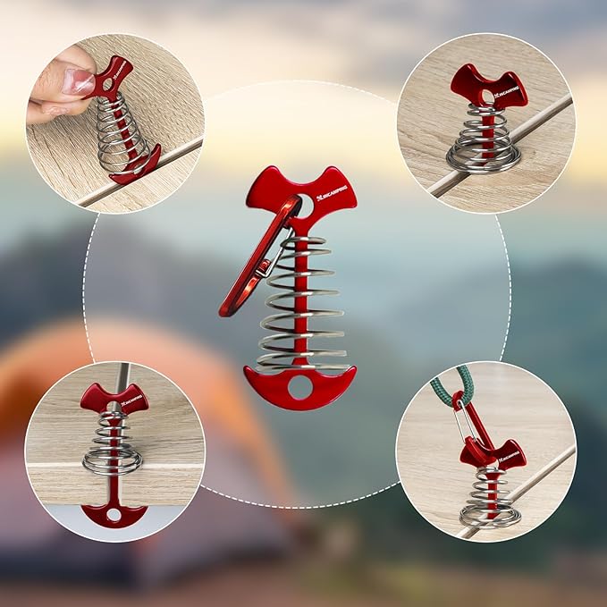 Deck Anchors XINCAMPING 12pcs Aluminum Tent Pegs for Wooden Decks, Windproof Rope Tighteners & Adjusters for Tents, Canopies, Camping Furniture Red