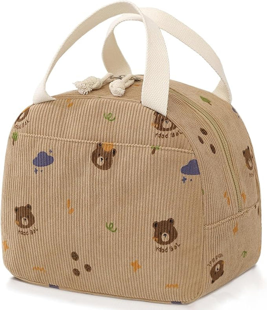 Lunch Bag for Women Men Cute Corduroy Lunch Tote Bags Reusable Insulated Lunch Box Large Capacity Reusable Insulated Cooler for Work/Picnic/Travel