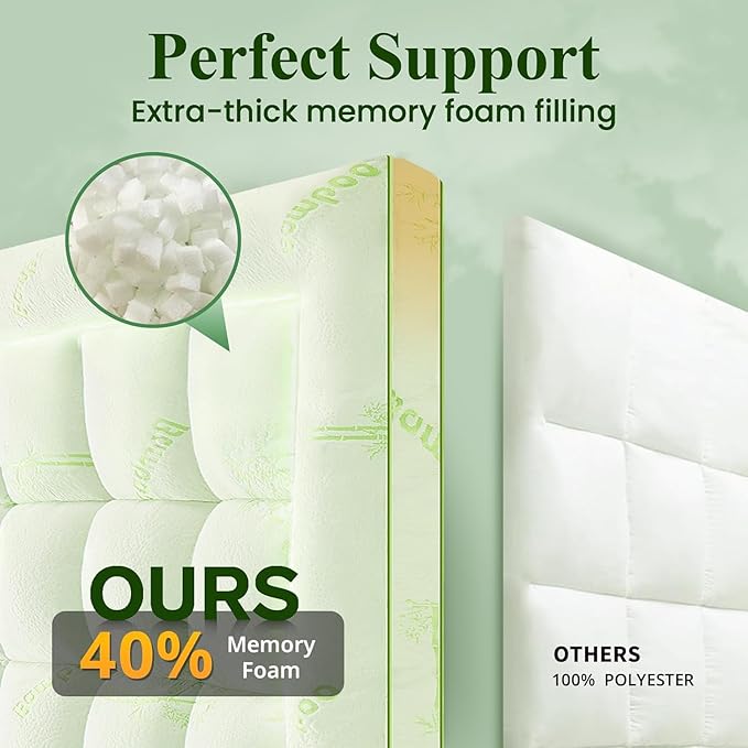 Memory Foam Mattress Topper - Viscose Made from Bamboo Pillow Top Thick Twin XL Size Mattress Pad for Back Pain, Ultra Soft & Cooling for Hot Sleepers, 6-18'' Deep Pocket, Green