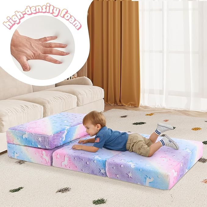 MeMoreCool Kids Folding Mattress, Trifold Mat Foldable Floor Mattress for Kids, 63x26 Portable Floor Mat with Washable Cover and Carry Bag, 4 Inch Foam Medium Firmness, Rainbow