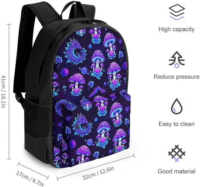 Men Women Lightweight Magic Mushrooms Dragon Backpack Large Capacity Carry On Bag With Padded Straps for Sports Work Walking Cycling
