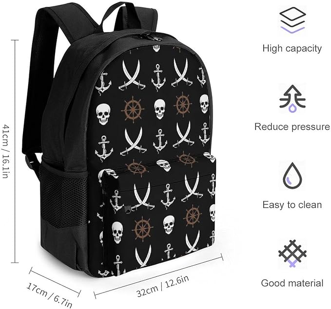 Rucksack Anti-Theft Multipurpose Large Capacity Carry On Bag, Nautical Anchor Pirate Skulls Travel Hiking Bag Day Pack With Side Pockets